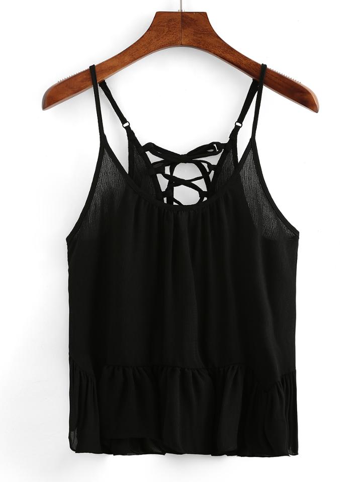 Romwe Lace-up Ruffled Hem Cami Top - Black
