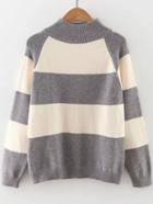 Romwe Grey Color Block Mock Neck Raglan Sleeve Sweater