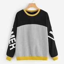 Romwe Letter Print Sleeve Color Block Sweatshirt