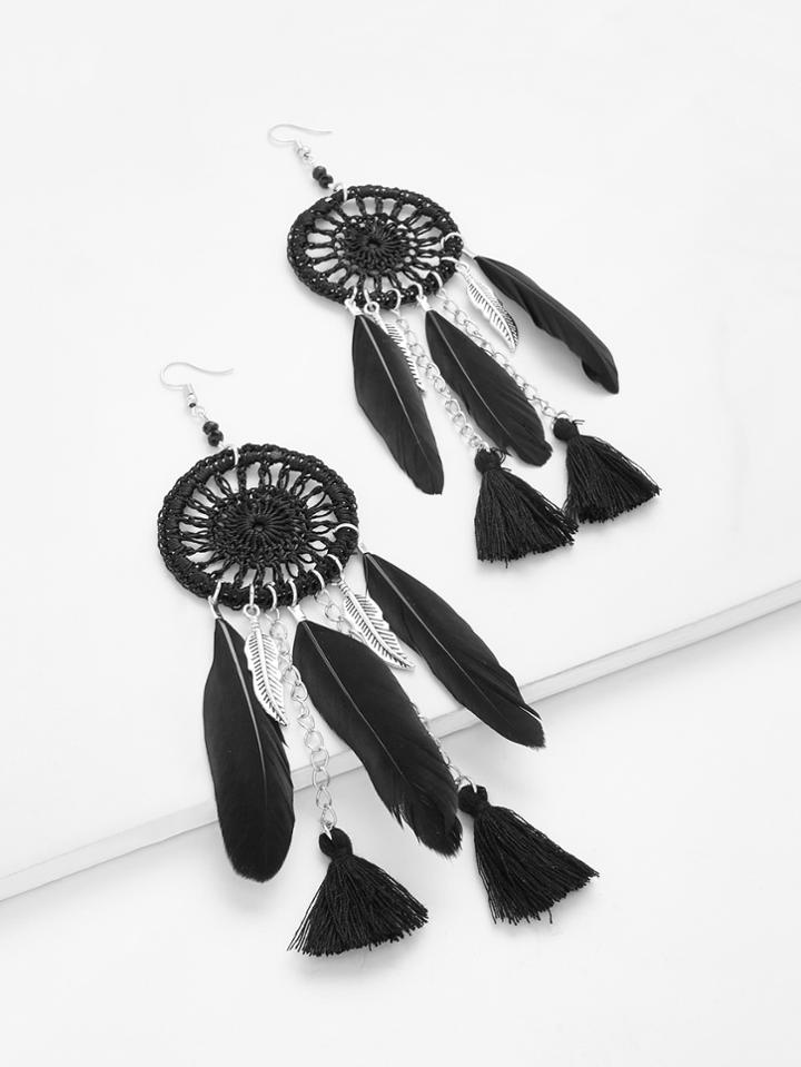 Romwe Feather & Tassel Design Drop Earrings
