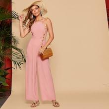 Romwe Lace Up Backless Wide Leg Solid Cami Jumpsuit