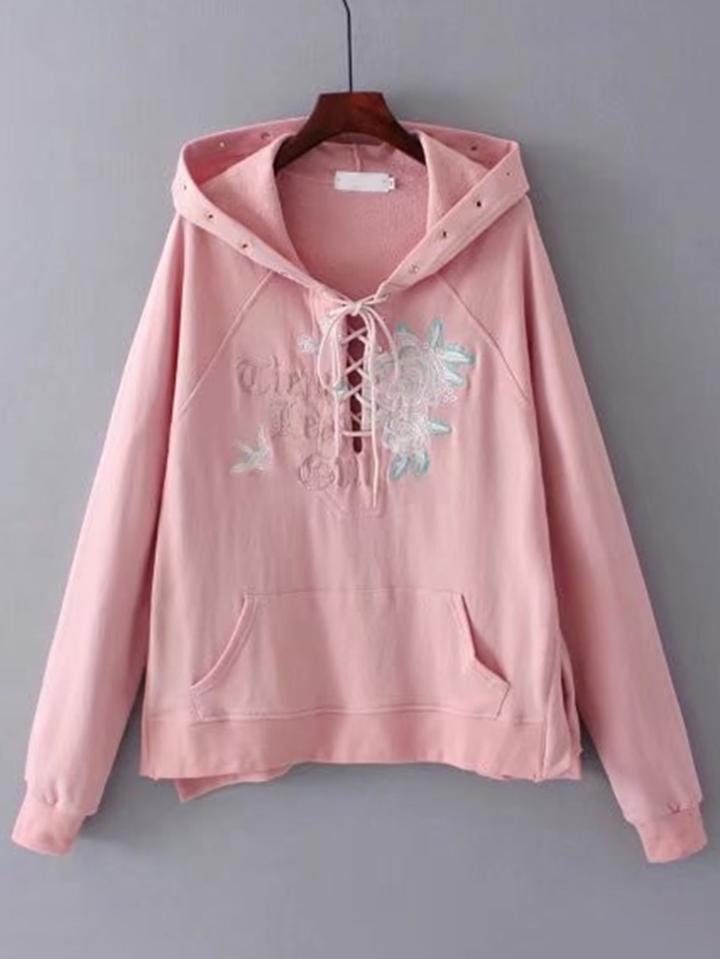 Romwe Eyelet Detail Kangaroo Pocket Lace Up Hoodie