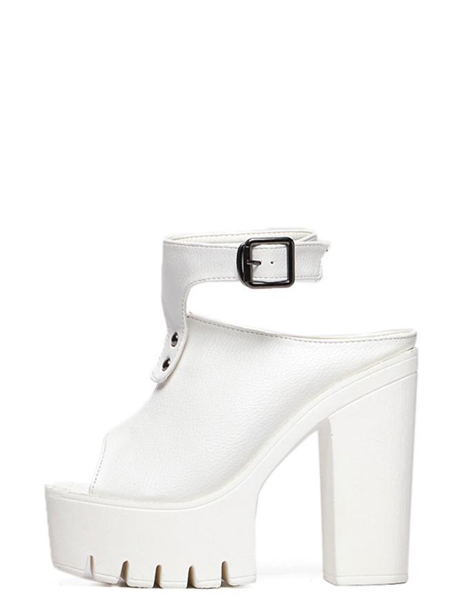 Romwe White Peep Toe Chunky Heel Ankle Strap Platform Sandals