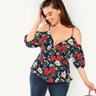 Romwe Plus Cold Shoulder Self Belted Floral Blouse