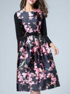 Romwe Black Round Neck Long Sleeve Bow Print Dress