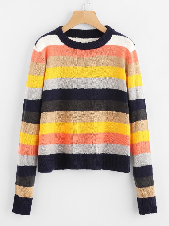 Romwe Colorful Wide Striped Knit Sweater