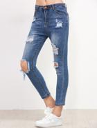 Romwe Blue Bleach Wash Ripped Ankle Jeans
