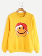 Romwe Yellow Emoji Print Ribbed Trim Sweatshirt