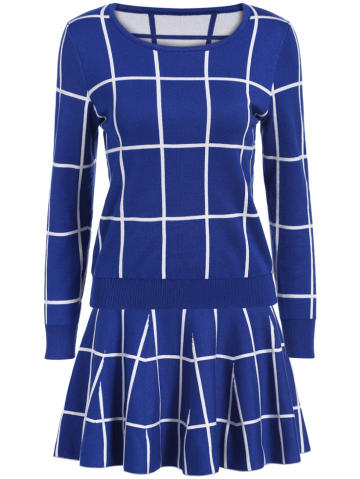 Romwe Long Sleeve Plaid Top With Flare Skirt