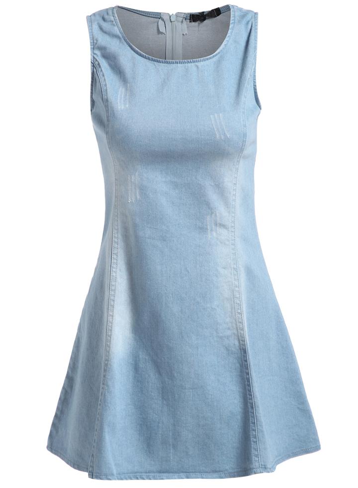 Romwe With Zipper Sleeveless Denim Flare Dress
