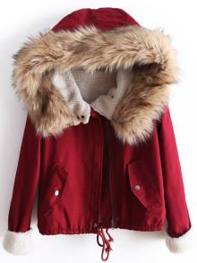 Romwe Faux Fur Hooded Drawstring Zip Up Coat