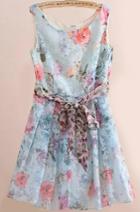 Romwe Florals With Belt Organza Blue Dress
