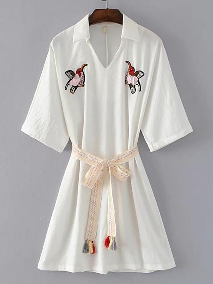 Romwe Tie Waist Embroidery Dress With Fringe