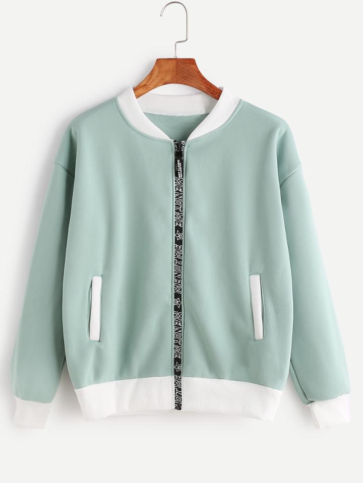 Romwe Pale Green Contrast Trim Zip Up Sweatshirt