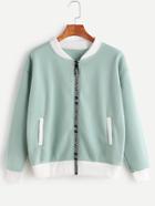 Romwe Pale Green Contrast Trim Zip Up Sweatshirt