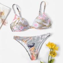 Romwe Random Flower & Bird Print Low Rise Bikini