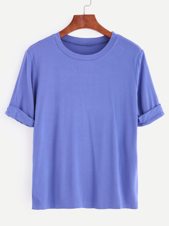 Romwe Blue Roll Sleeve T-shirt