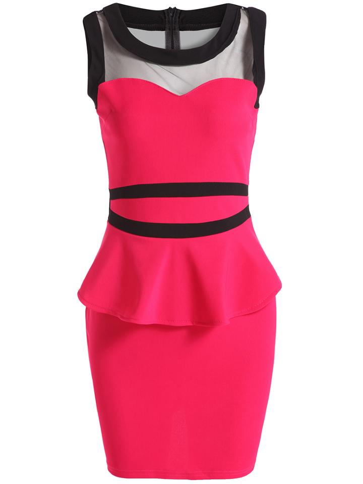Romwe Contrast Mesh Peplum Waist Bodycon Red Dress
