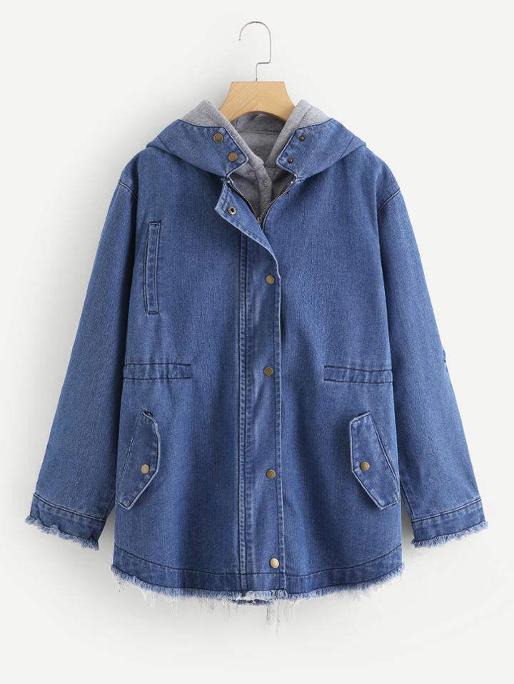 Romwe Raw Hem Hooded Denim Jacket With Sleeveless Hoodie