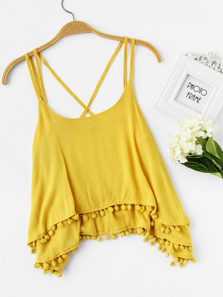 Romwe Layered Pom Pom Trim Crisscross Back Cami Top