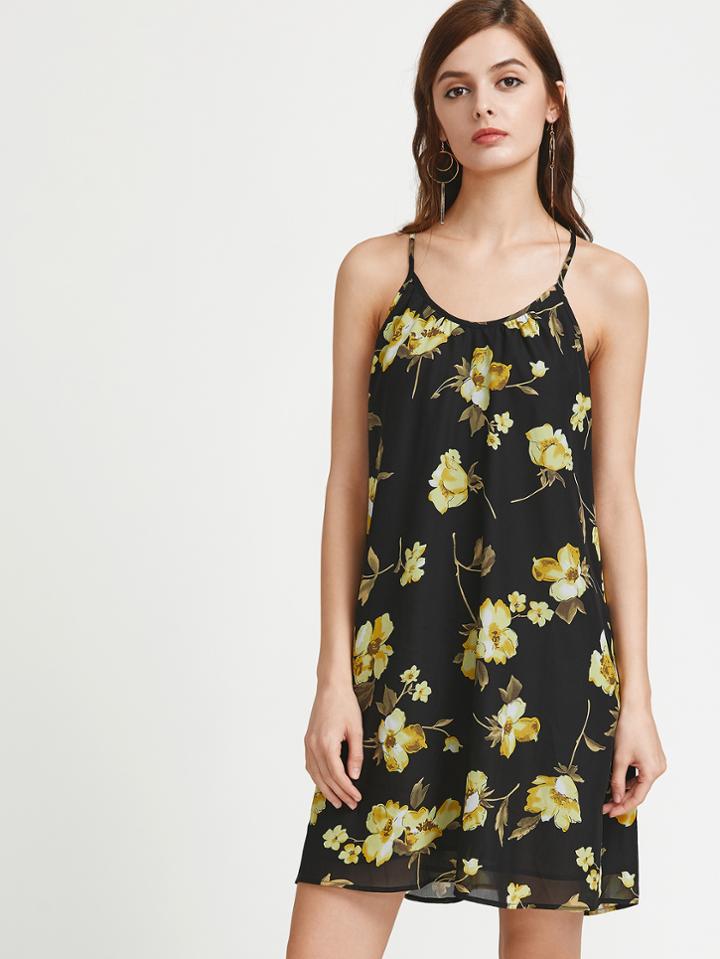 Romwe Flower Print Back Tie Strap Racer Dress