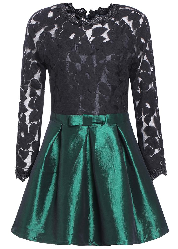 Romwe Color-block With Zipper Bow Pleated Dress