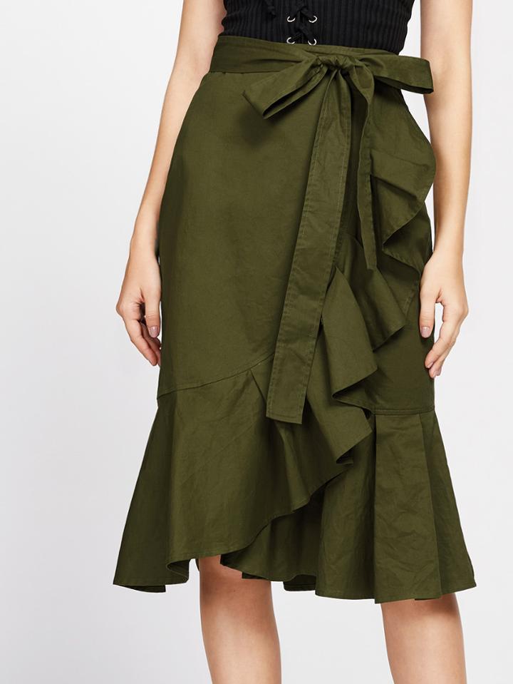 Romwe Self Tie Flounce Trim Wrap Skirt