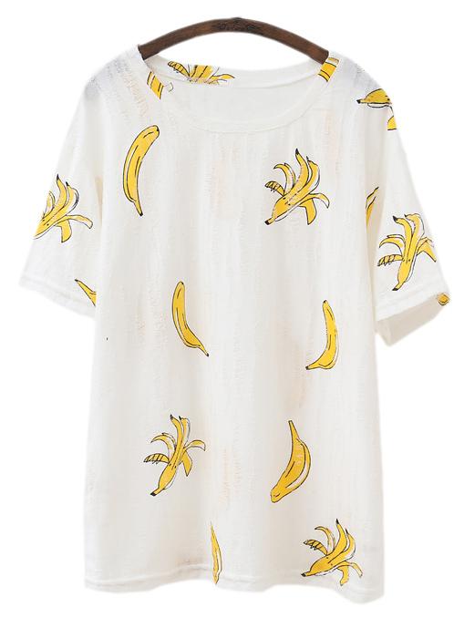 Romwe White Short Sleeve Bananas Print T-shirt