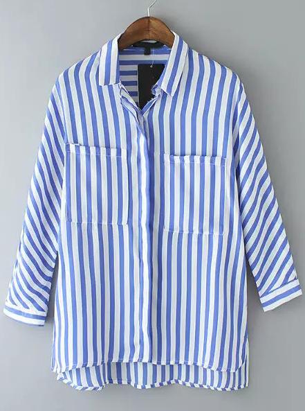 Romwe Blue Lapel Vertical Stripe Dip Hem Blouse