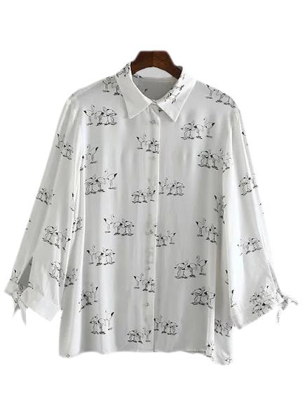 Romwe White Lapel Self-tie Bow Cuff Swan Print Blouse