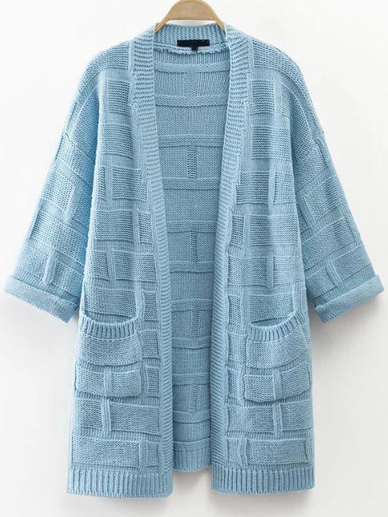 Romwe Blue Textured Detail Cardigan With Pocket