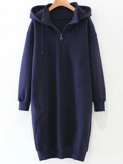 Romwe Navy Zipper Detail Hooded Sweatshirt Dress