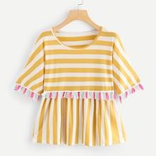 Romwe Plus Contrast Stripe Tassel Trim Tee