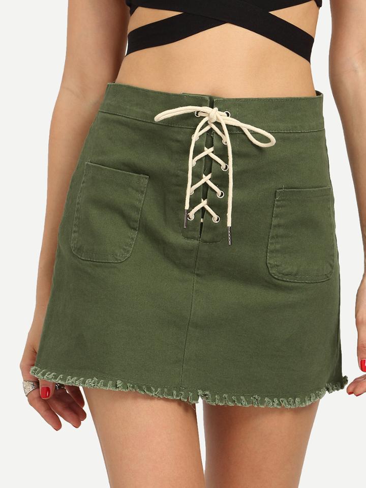 Romwe Lace-up Fly Dual Pocket Raw Hem Skirt - Olive Green