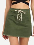 Romwe Lace-up Fly Dual Pocket Raw Hem Skirt - Olive Green