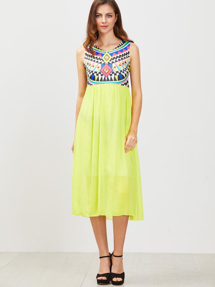 Romwe Yellow Geometric Print Sleeveless Dress