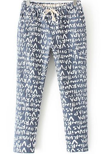 Romwe Drawstring Letter Print Pockets Blue Pant