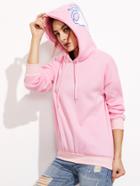 Romwe Pink Hood Print Drop Shoulder Drawstring Sweatshirt