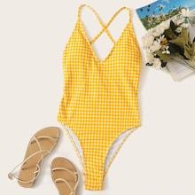 Romwe Gingham Criss-cross Tie Back One Piece Swimsuit