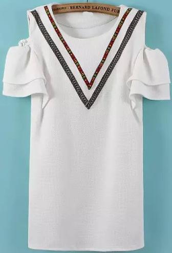 Romwe Open Shoulder Embroidered Shift White Dress