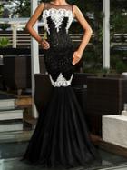 Romwe Lace Applique Fishtail Sequin Dress - Black