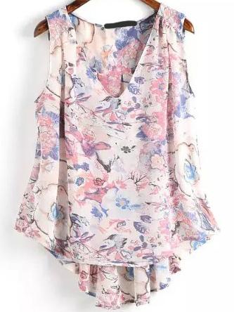 Romwe V Neck Dip Hem Floral Print Pink Top