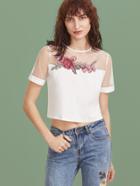 Romwe White Embroidered Flower Applique Mesh Shoulder Crop T-shirt