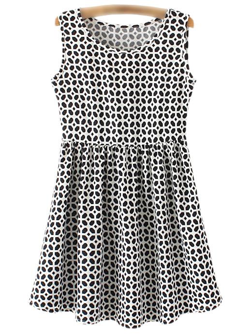 Romwe Black White Print Zipper Side Sleeveless Dress