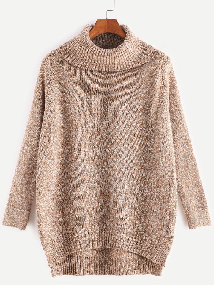 Romwe Khaki Roll Neck Dip Hem Sweater