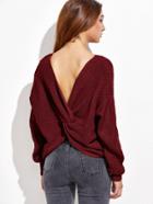 Romwe Burgundy V Neck Drop Shoulder Twist Back Sweater