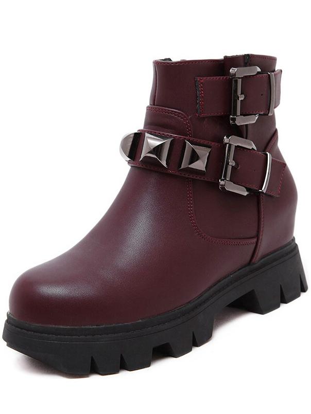 Romwe Burgundy Studded Buckle Strap Pu Boots
