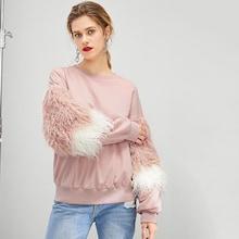 Romwe Faux Fur Detail Drop Shoulder Pullover