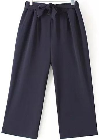 Romwe With Belt Straight Chiffon Navy Pant