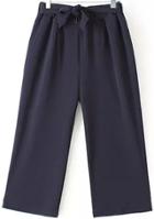 Romwe With Belt Straight Chiffon Navy Pant